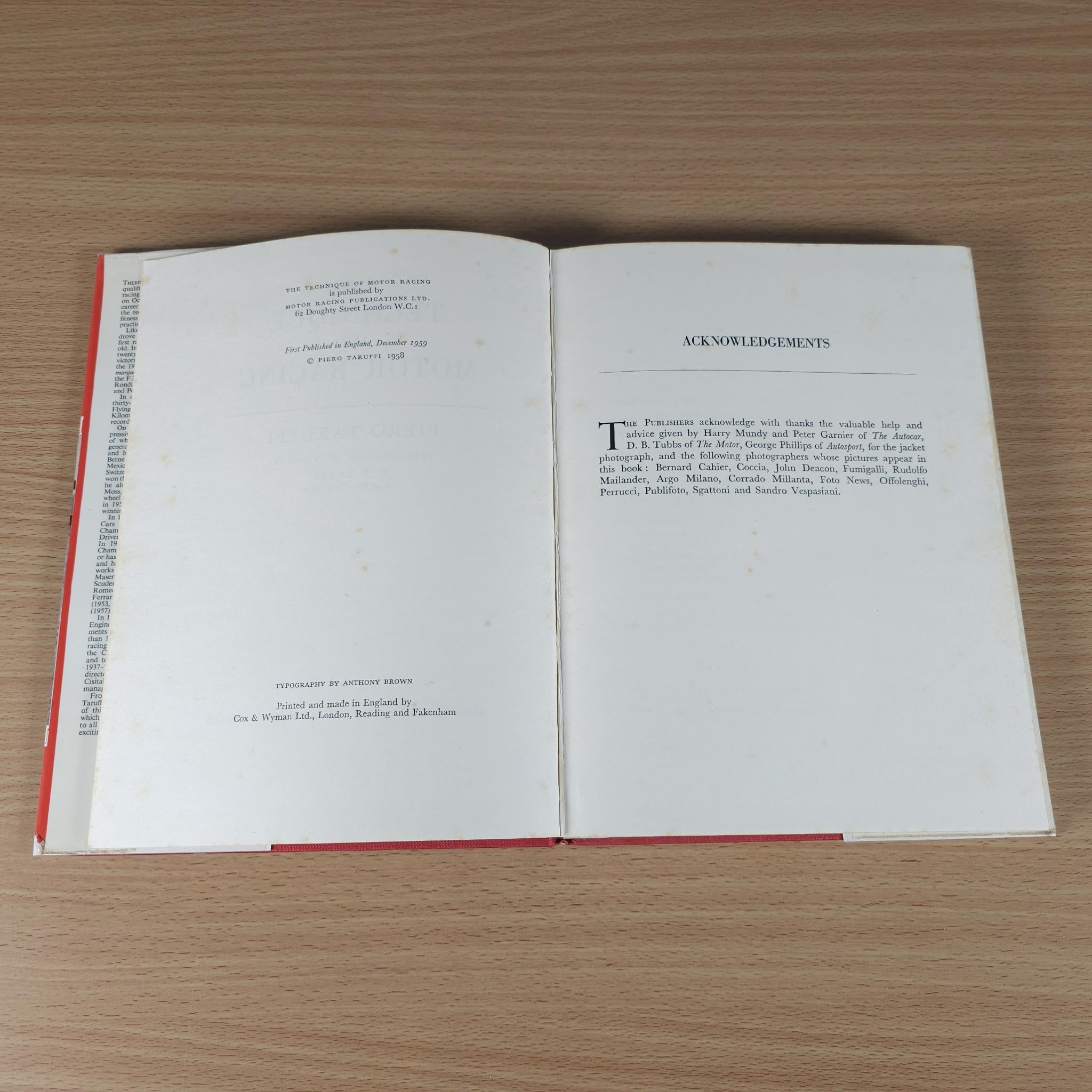 Open motor racing book page spread with acknowledgements heading and text