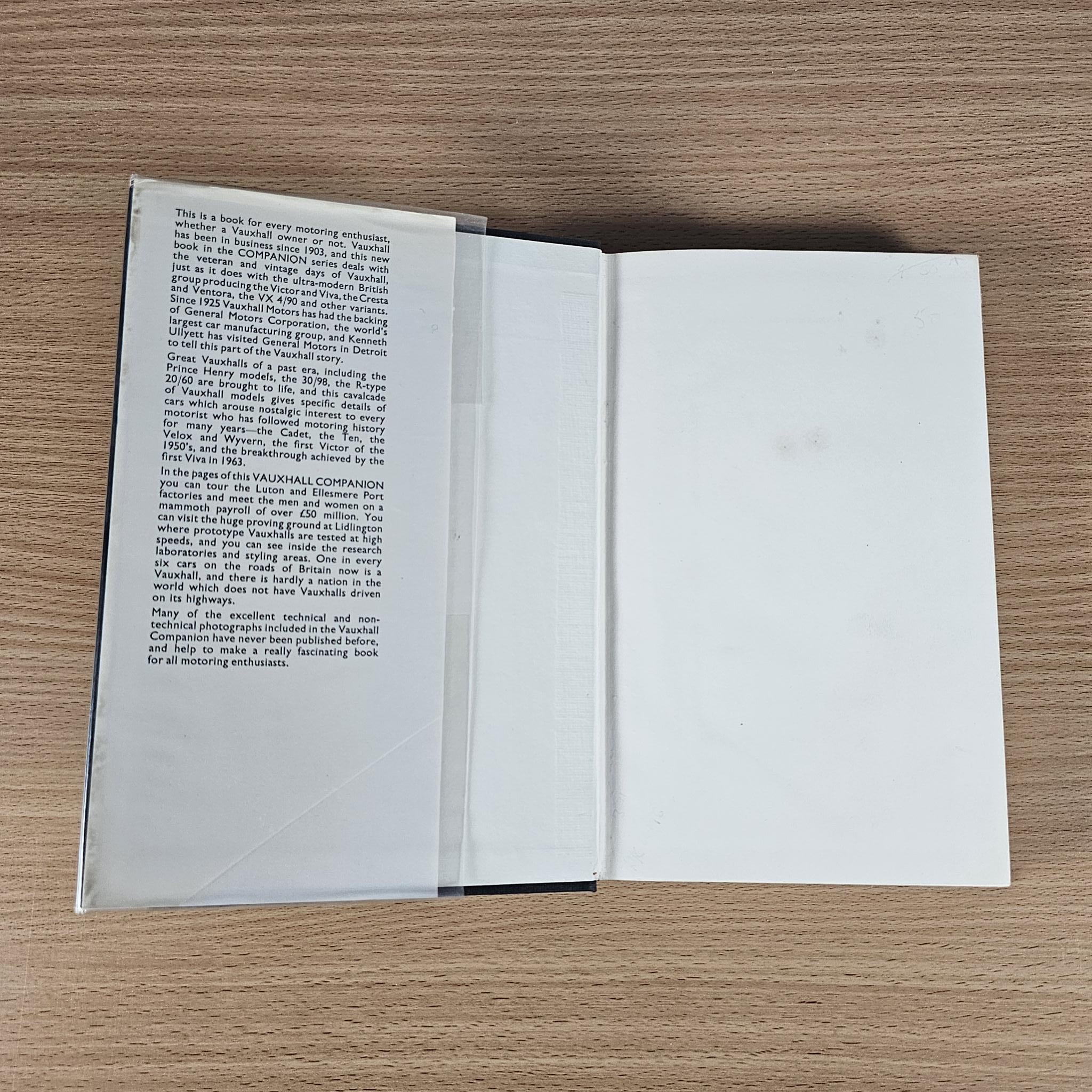 Open book showing blank white pages, The Vauxhall Companion by Kenneth Ullyett