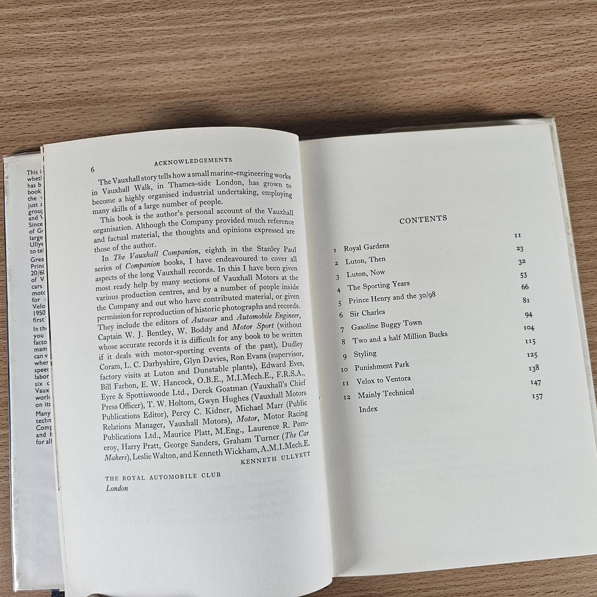 Open book spread with acknowledgement text and contents list for The Vauxhall Companion
