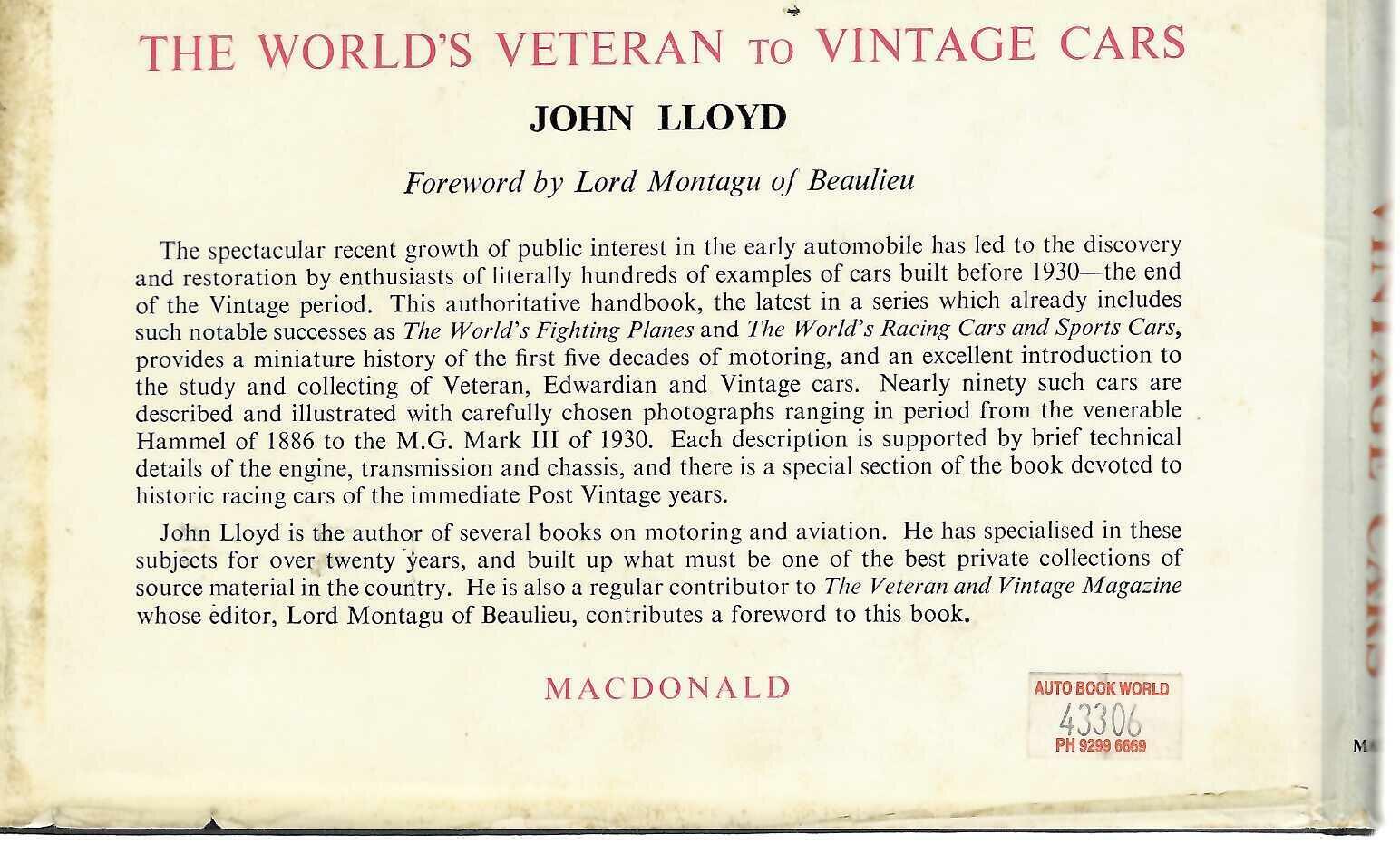 Vintage car book back cover with printed publisher and author text