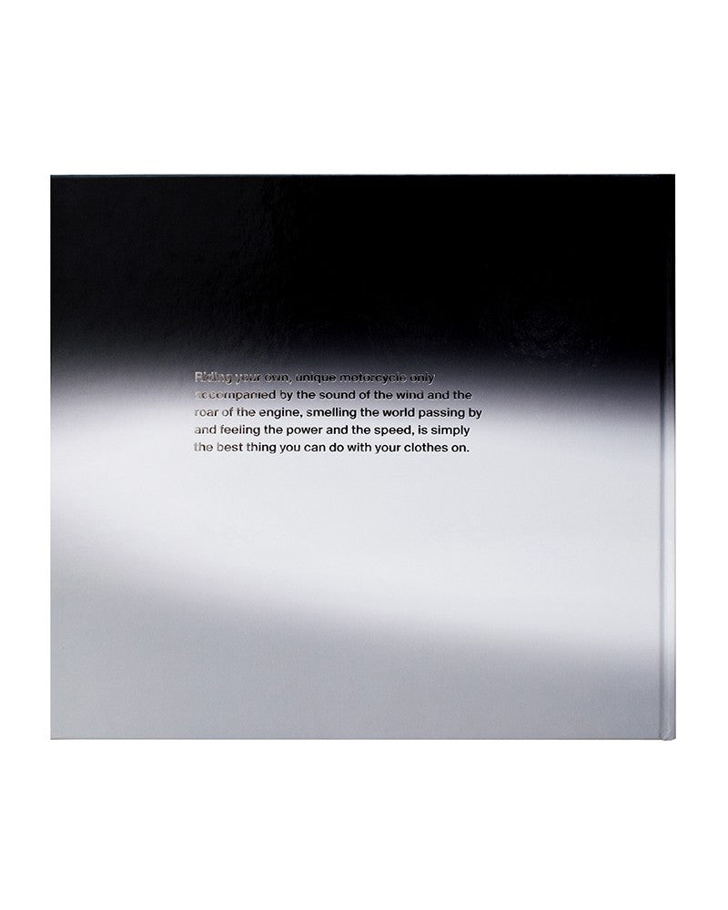 Motorcycle book cover with dark gradient background and faint centered text