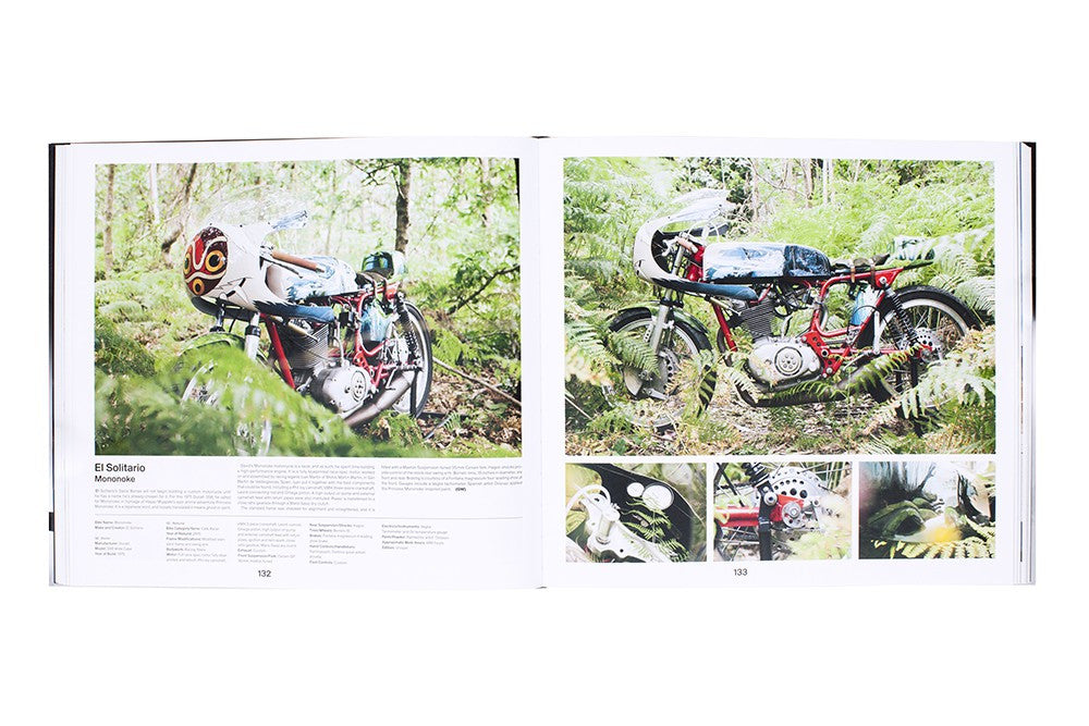 Open motorcycle book spread with two outdoor bike photos and close-up detail boxes