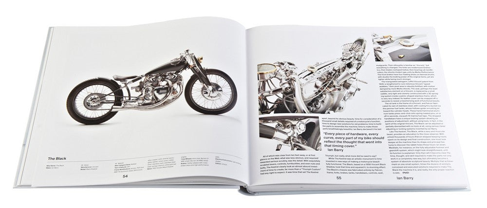 Motorcycle book opened showing a black motorcycle photo and an engine detail spread