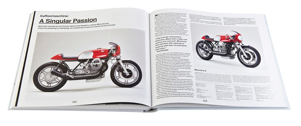Motorcycle book opened to a page with a red custom motorcycle photo and text
