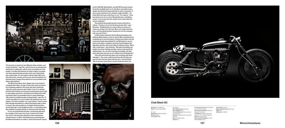 Motorcycle book opened with a dark studio photo of a black motorcycle and text