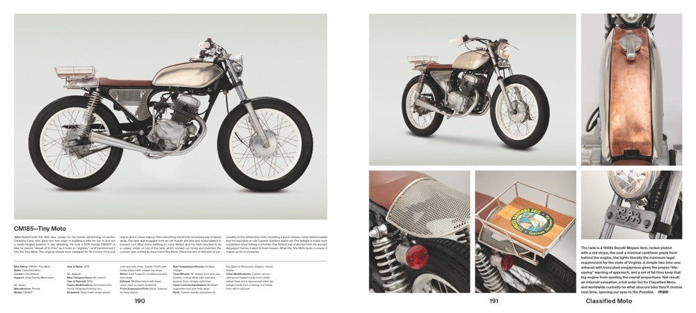 Motorcycle book opened with a classic motorcycle photo and detail callouts