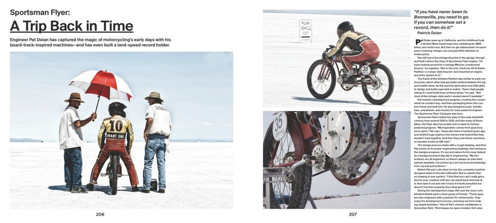 Custom motorcycle photo spread with riders and engine close-up