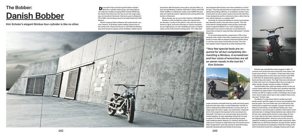 Motorcycle book spread featuring a bobber-style custom motorcycle