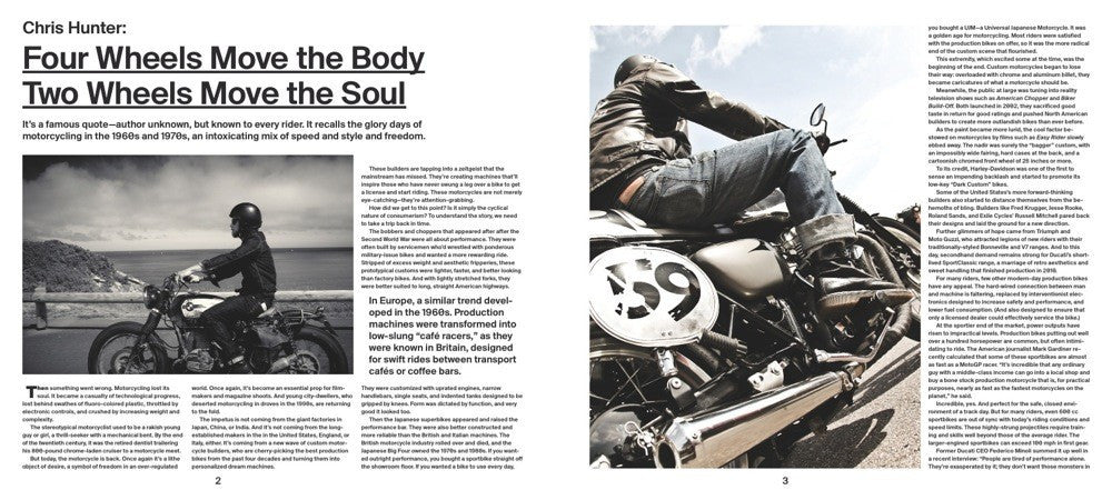 Motorcycle book opened to an article with a motorcycle silhouette photo and text