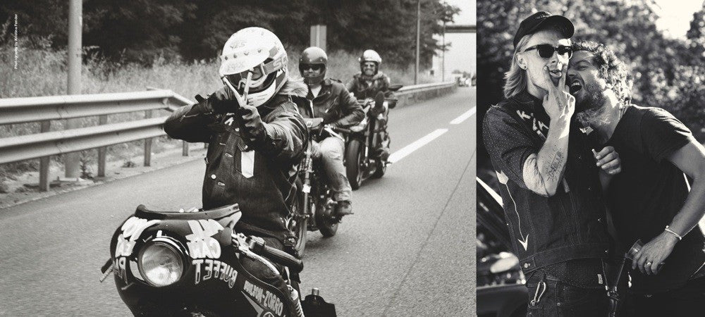 Vintage motorcycle riders on road in black-and-white book spread