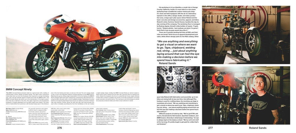 Motorcycle book opened to a page with an orange and blue motorcycle photo and text