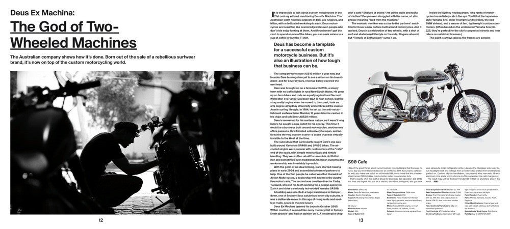 Motorcycle book spread with classic bike photo and specs panel