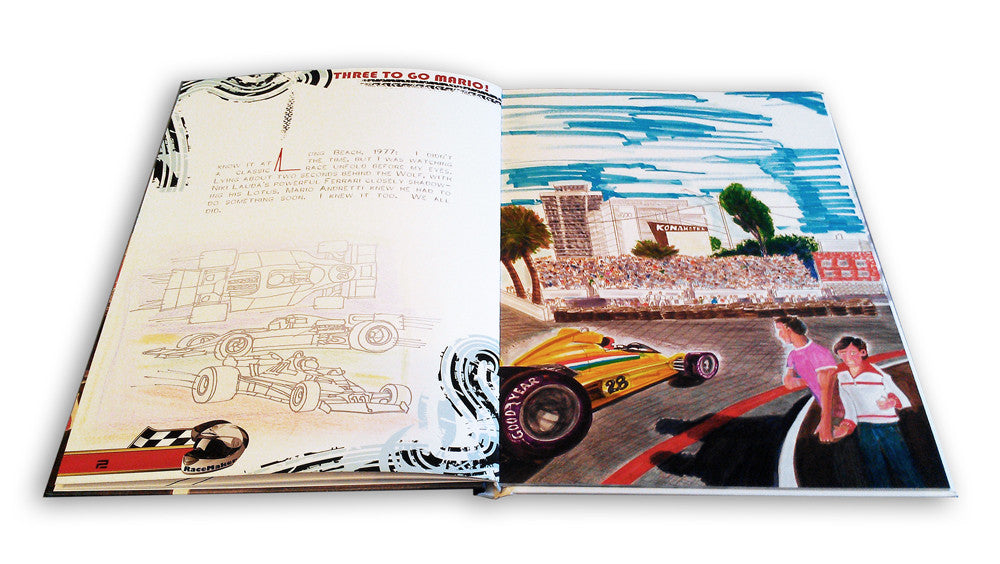 Paperback book, open spread with city race scene, car details, and diagrams