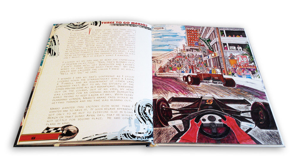 Three To Go Mario! book, open pages with race car illustrations and text
