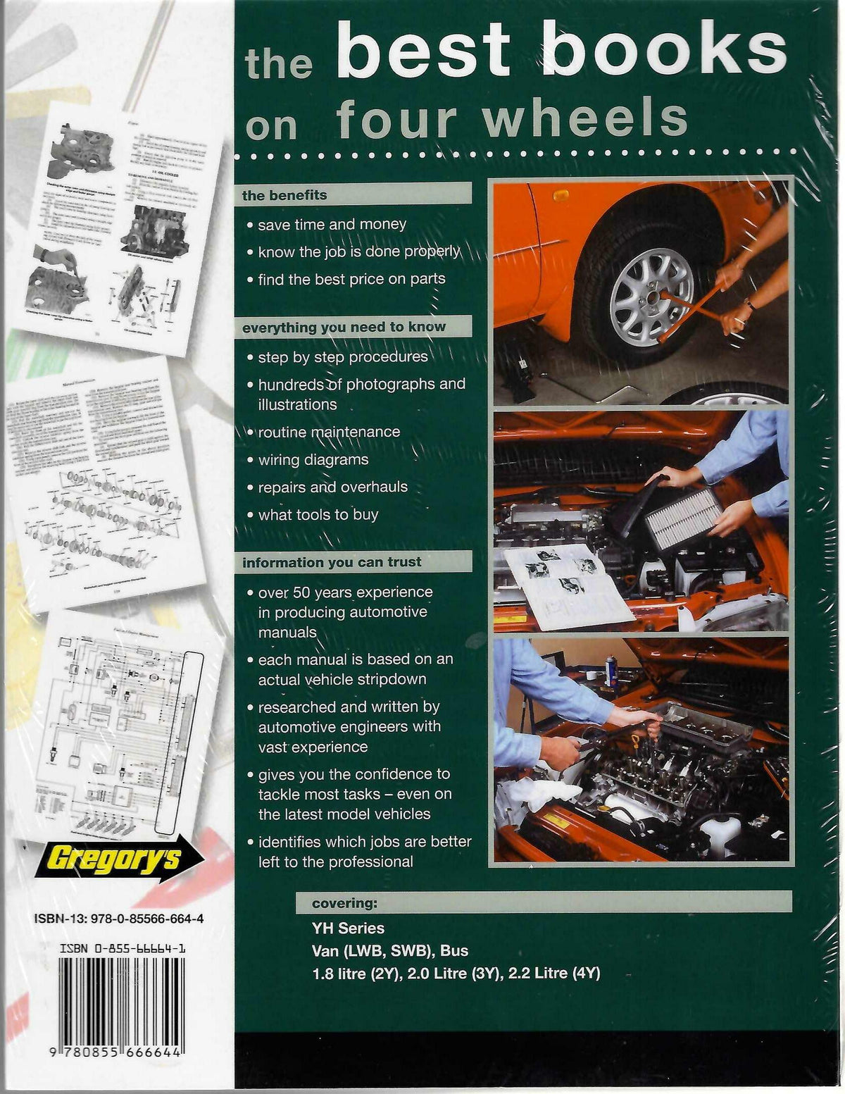 Gregory's Hi-Ace workshop manual back cover with contents photos and ISBN barcode