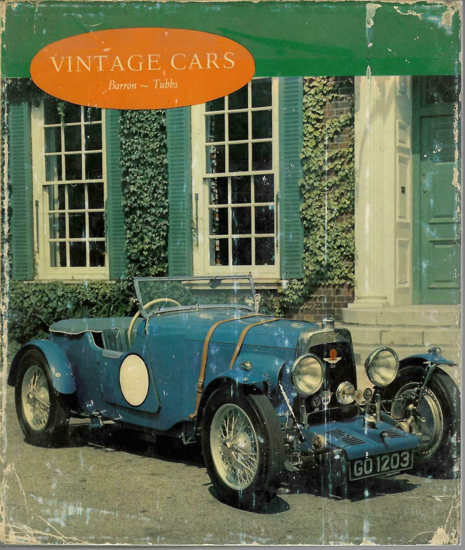 Vintage cars book cover with blue vintage car and orange title banner