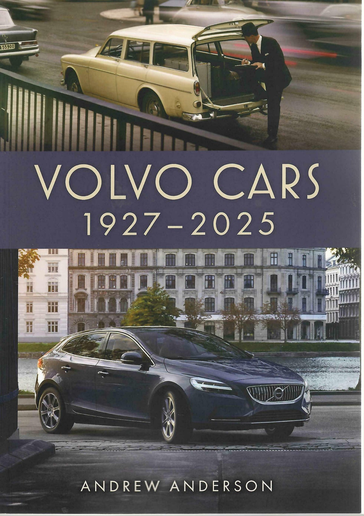 Volvo Cars history book cover with cream classic car and dark sedan