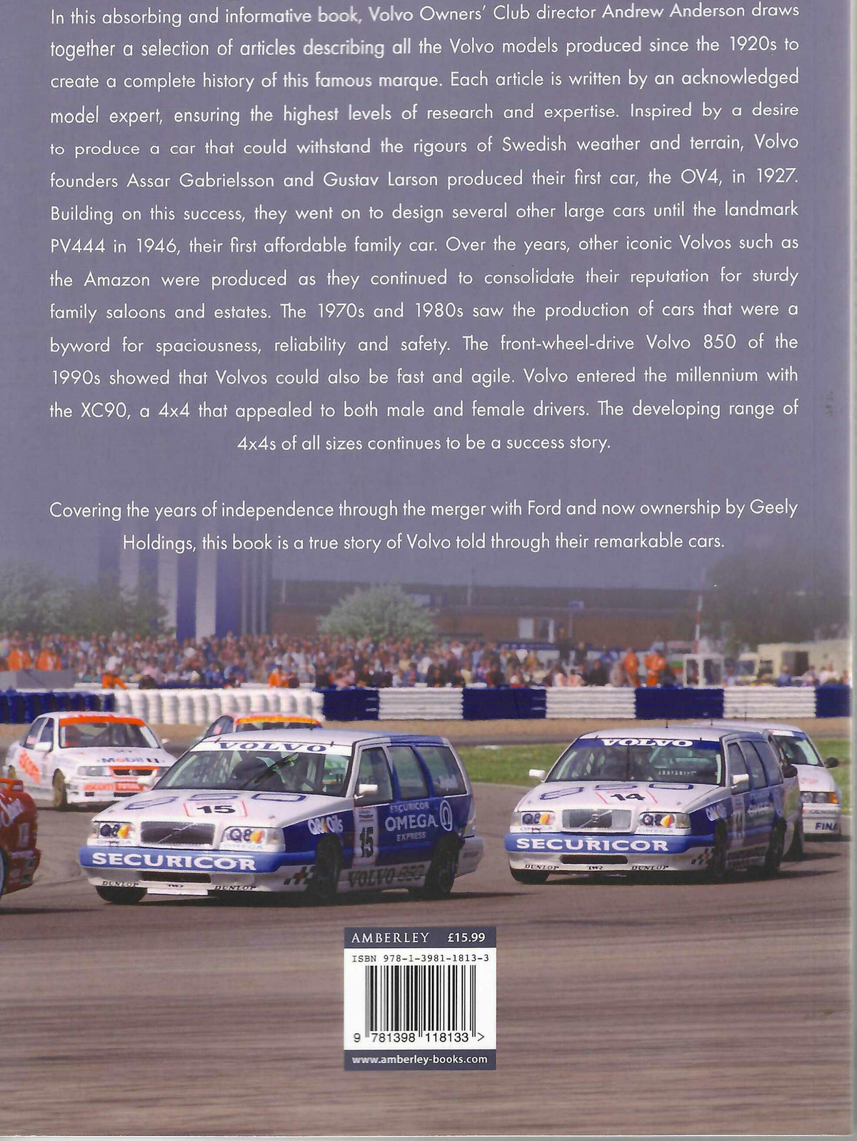 Volvo Cars book back cover with three race cars on track
