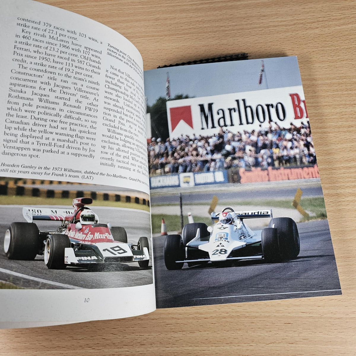Open book spread with two race photos, captions, and small page numbers at the bottom